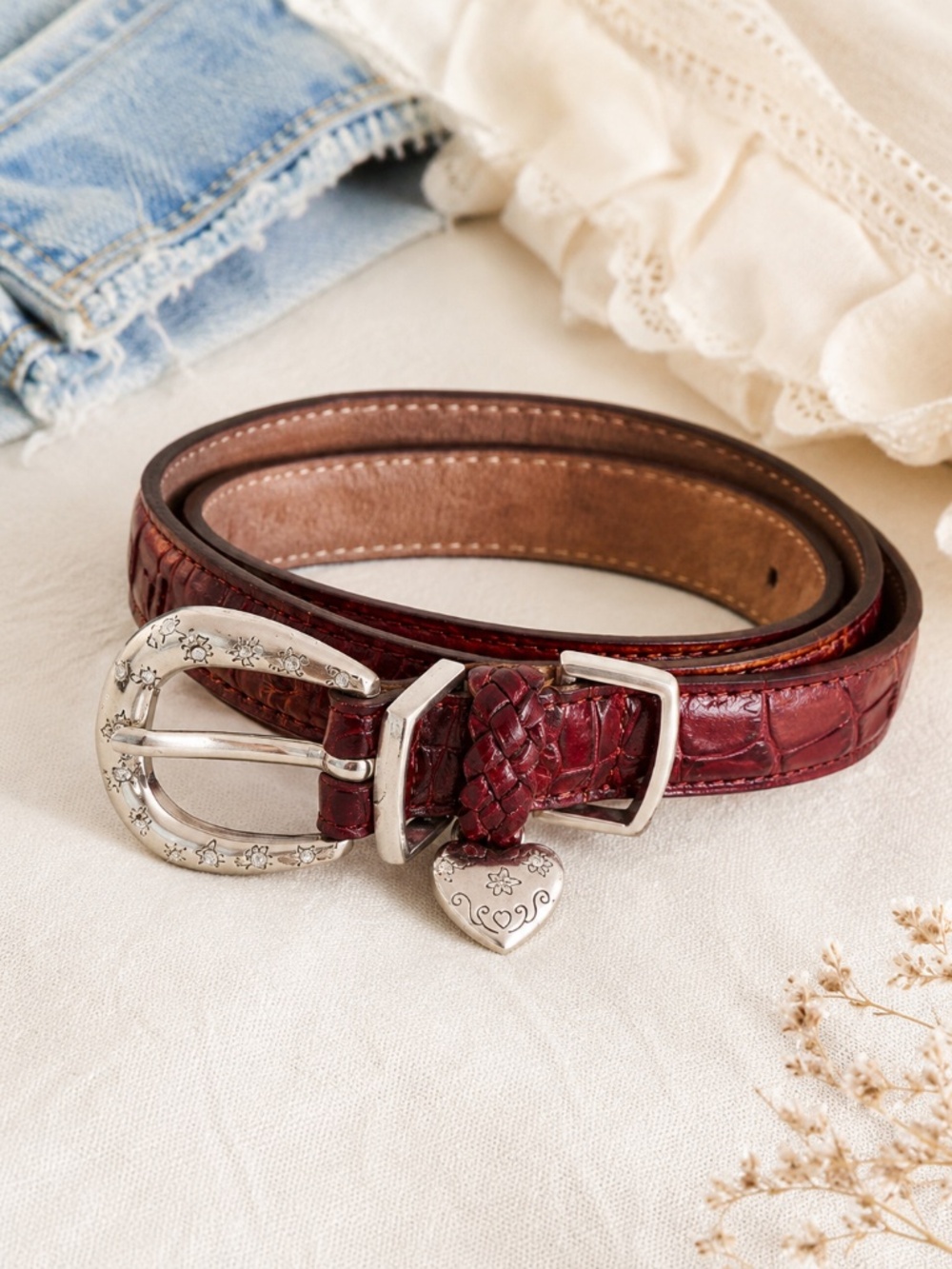 Brighton Red Croc Embossed Leather Belt Silver Heart Charm Size ML 32